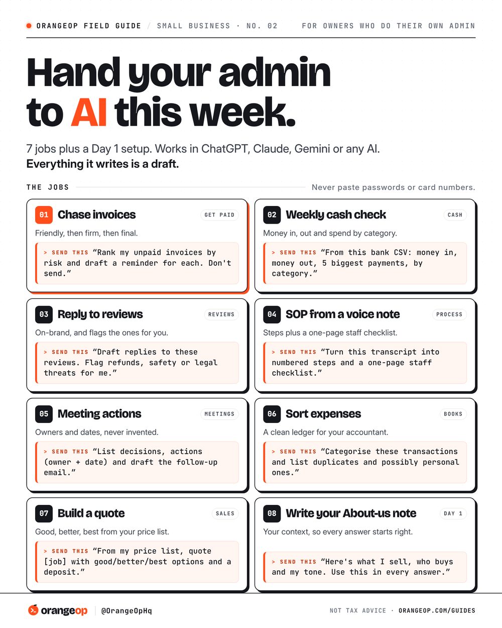 OrangeOp field guide: 7 back-office tasks to hand to AI this week, with a copy-paste prompt for each.