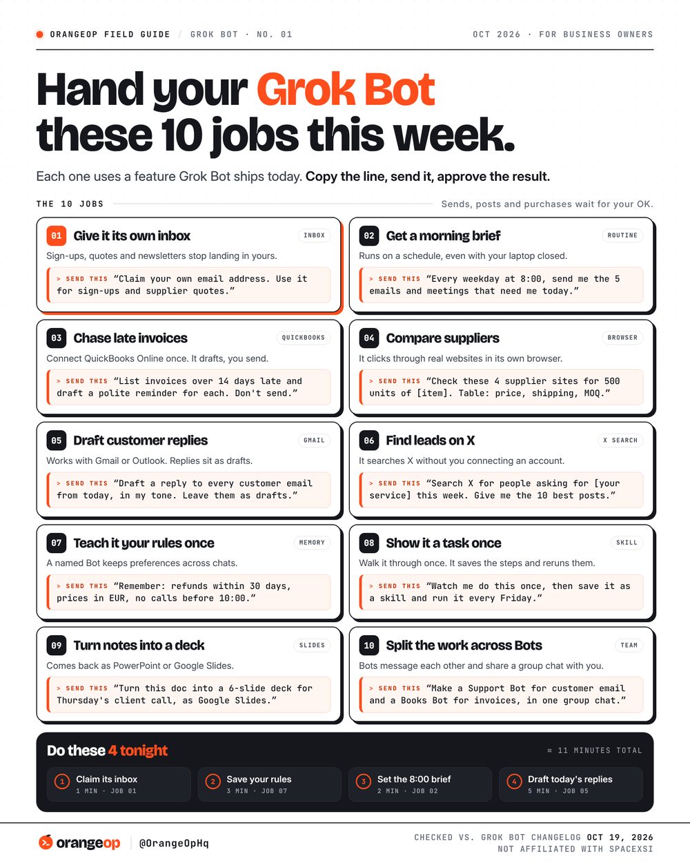OrangeOp field guide: Hand your Grok Bot these 10 jobs this week, with a copy-paste prompt for each job.